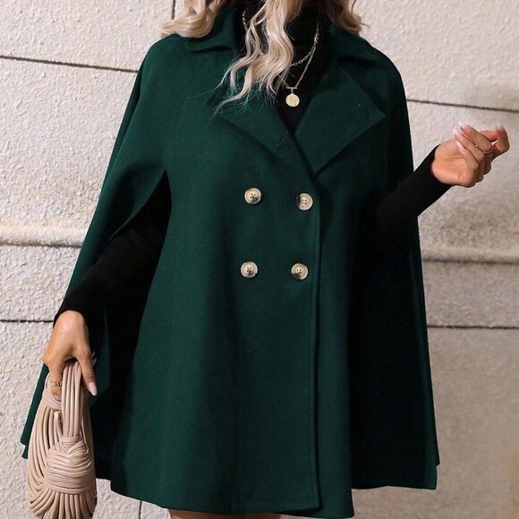 Dark Green Elegant Women's Double-Breasted Mid-Length Cape - Picture 5 of 7